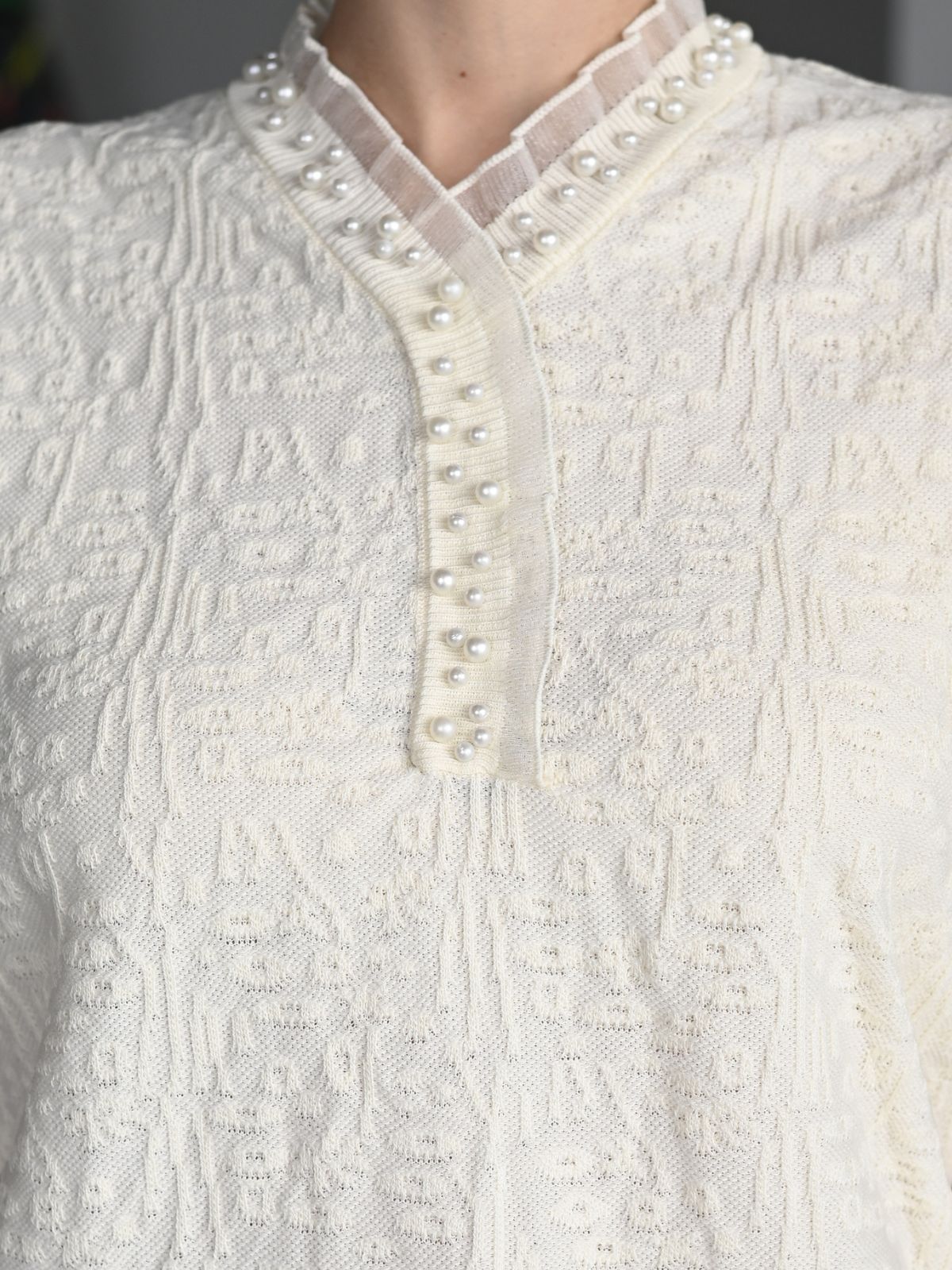 Odette Cream Jacquard Rib Top For Women