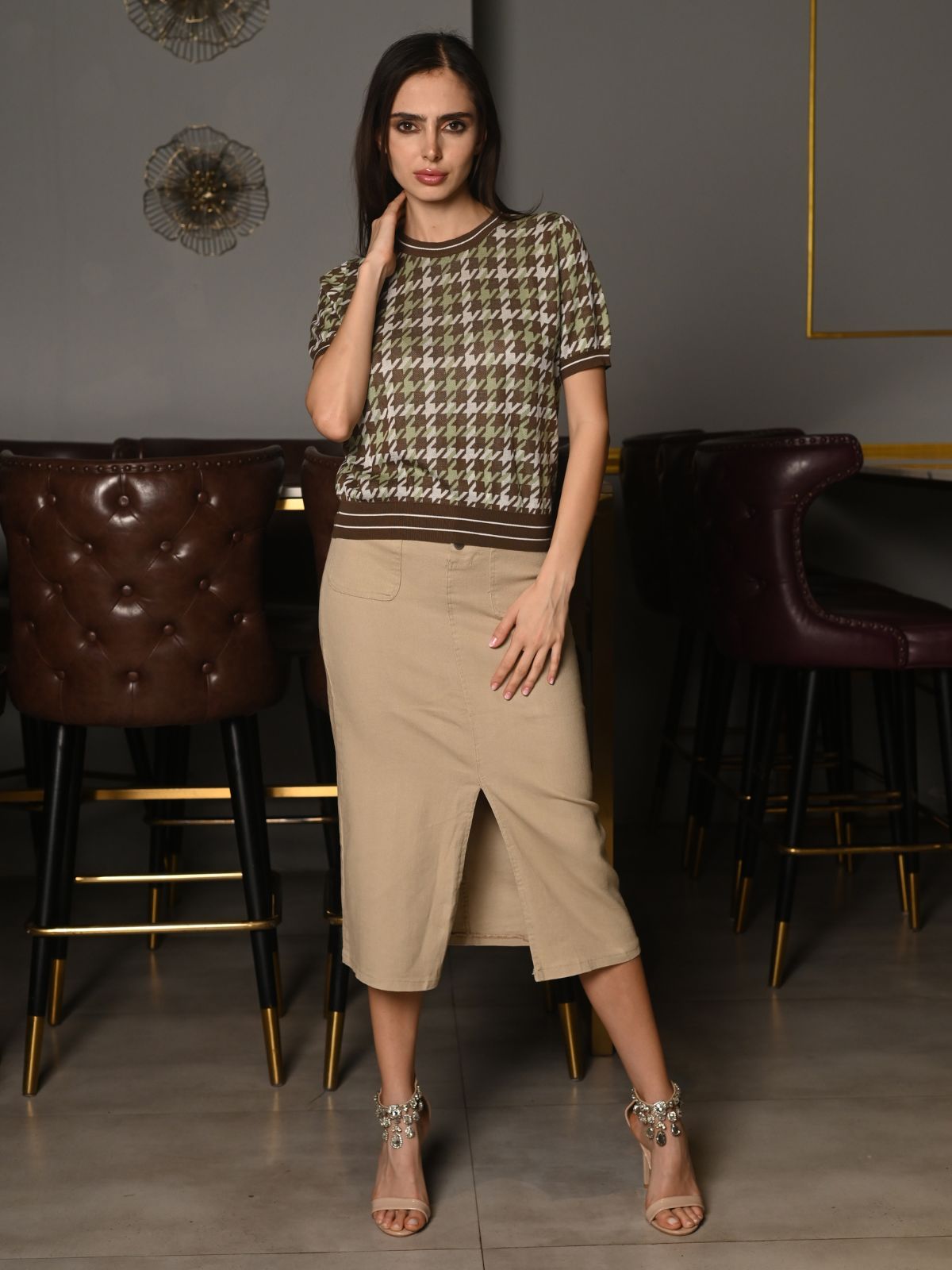 Odette Multicolored Designed Rib T-Shirt For Women