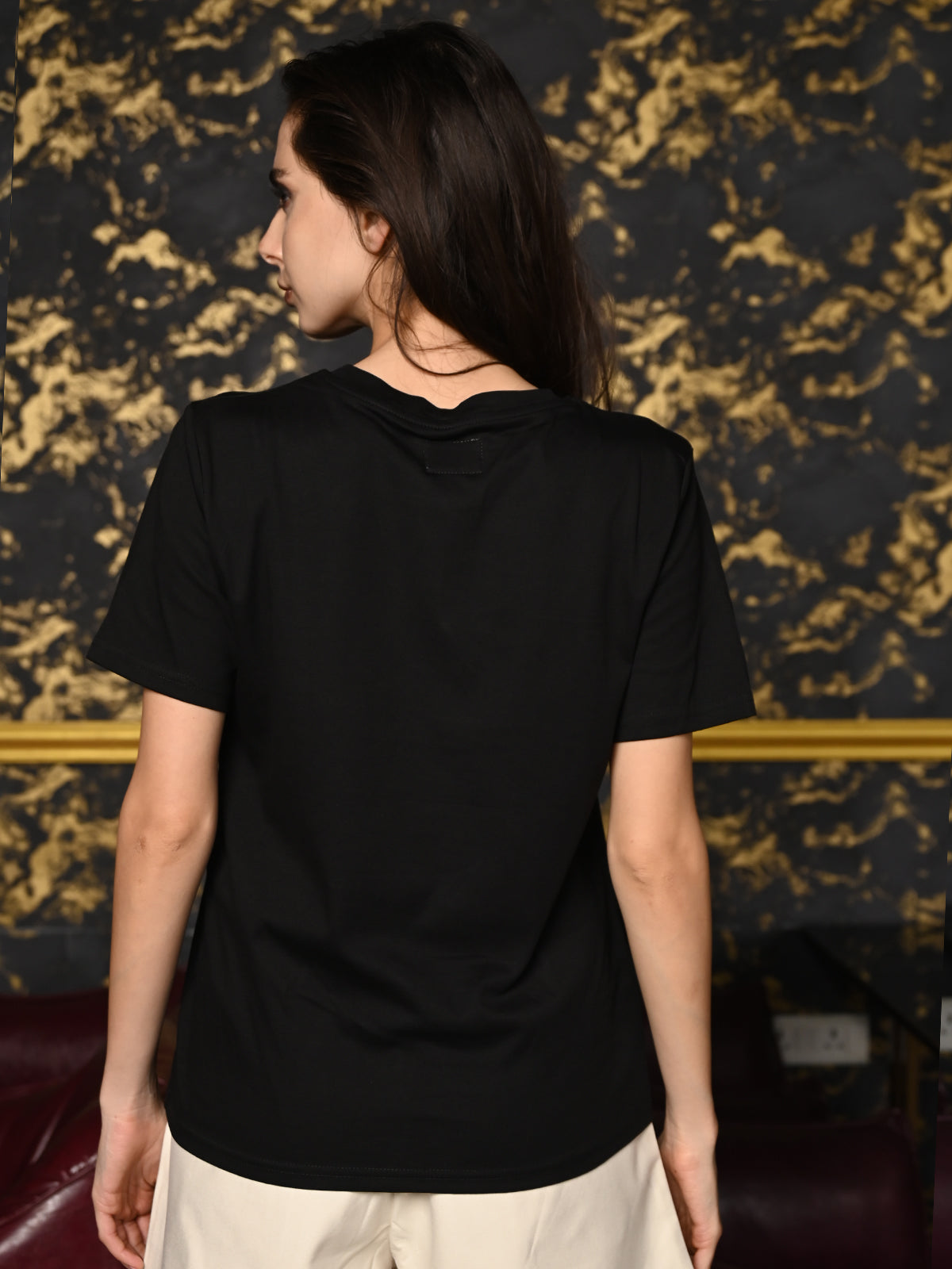 Odette Black Cotton Jersey Embroidered T-Shirt For Women