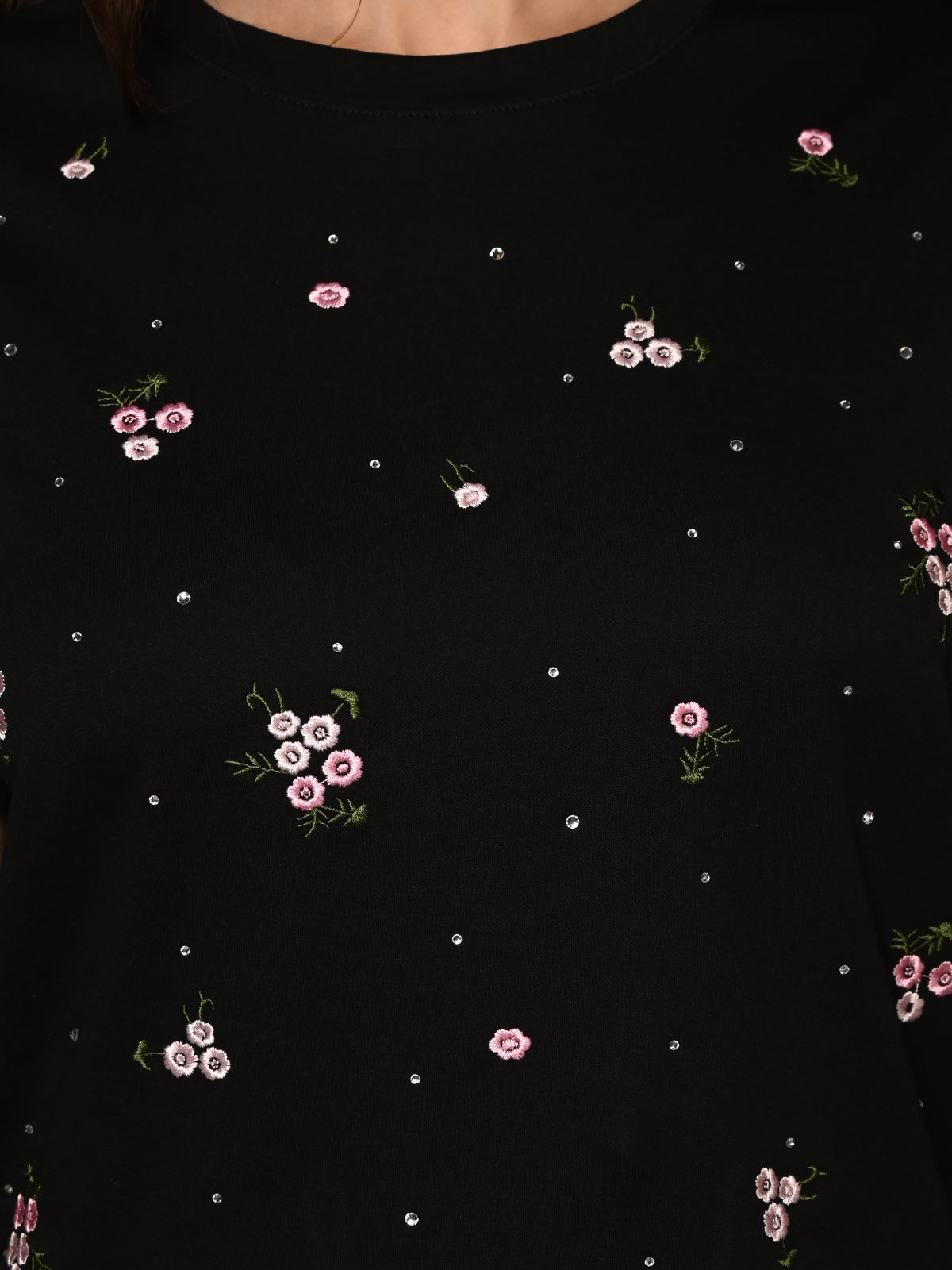 Odette Black Cotton Jersey Embroidered T-Shirt For Women
