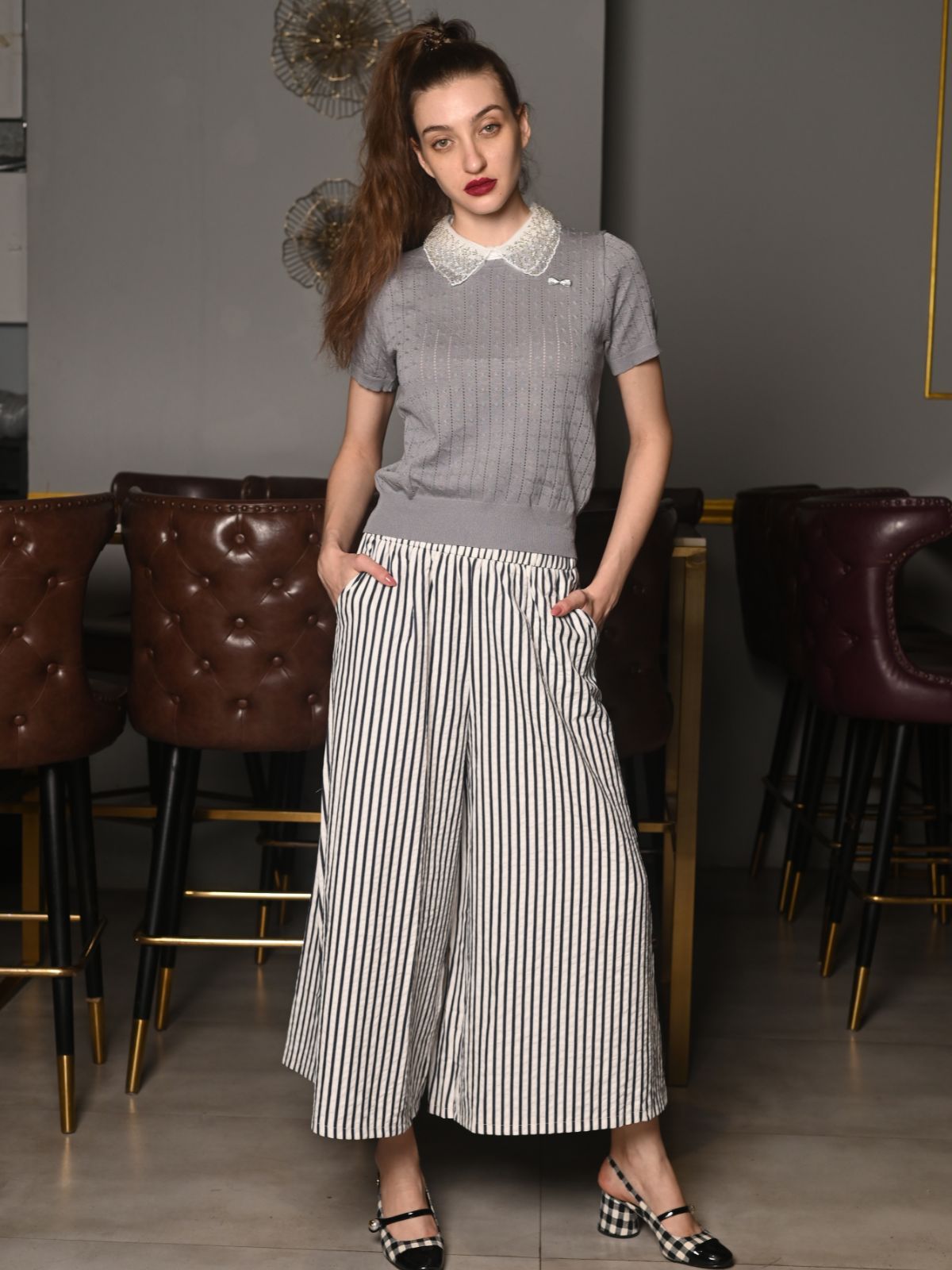 Odette Grey Designed Rib Embroidered Bib Collared Top For Women
