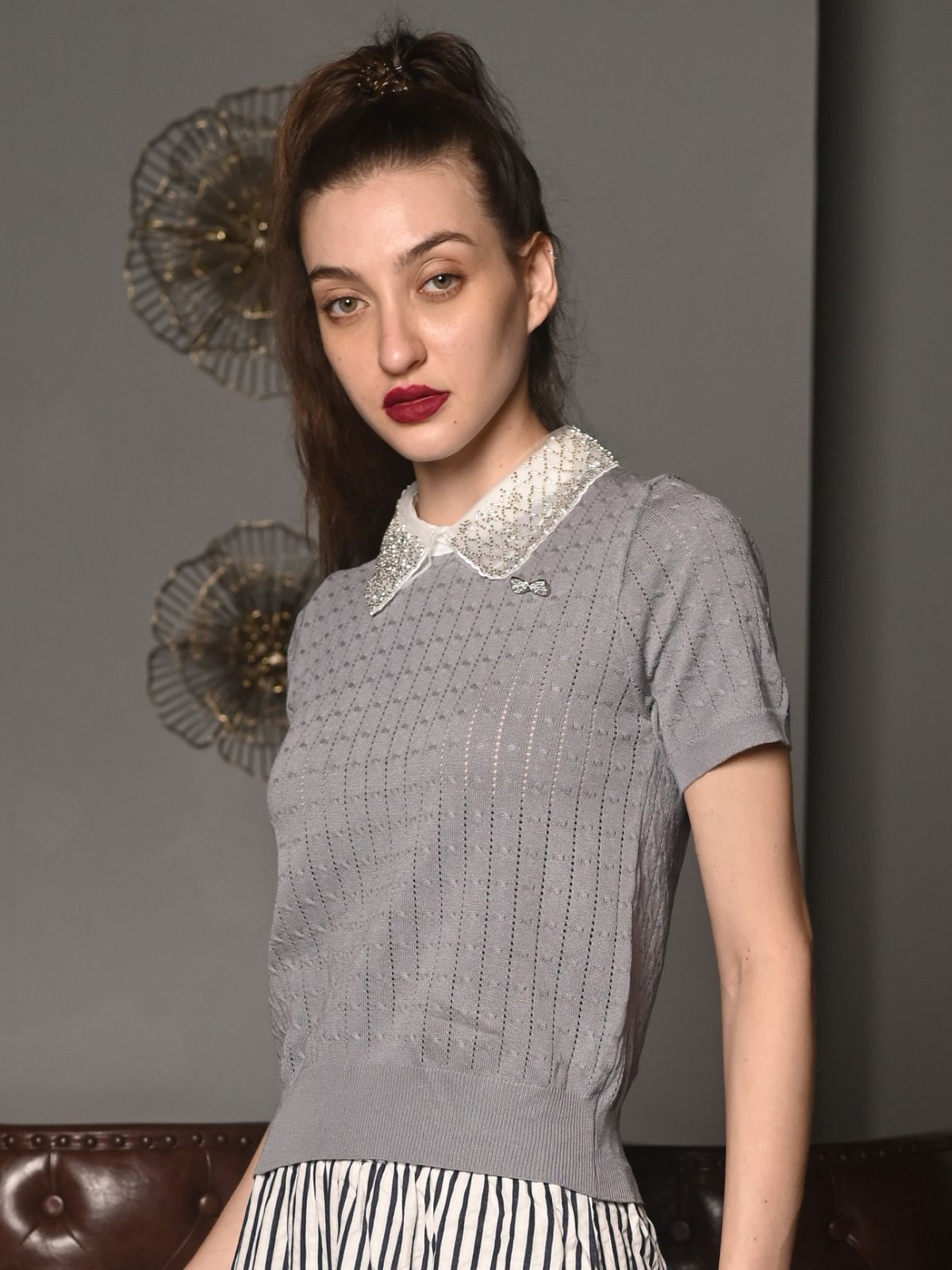 Odette Grey Designed Rib Embroidered Bib Collared Top For Women