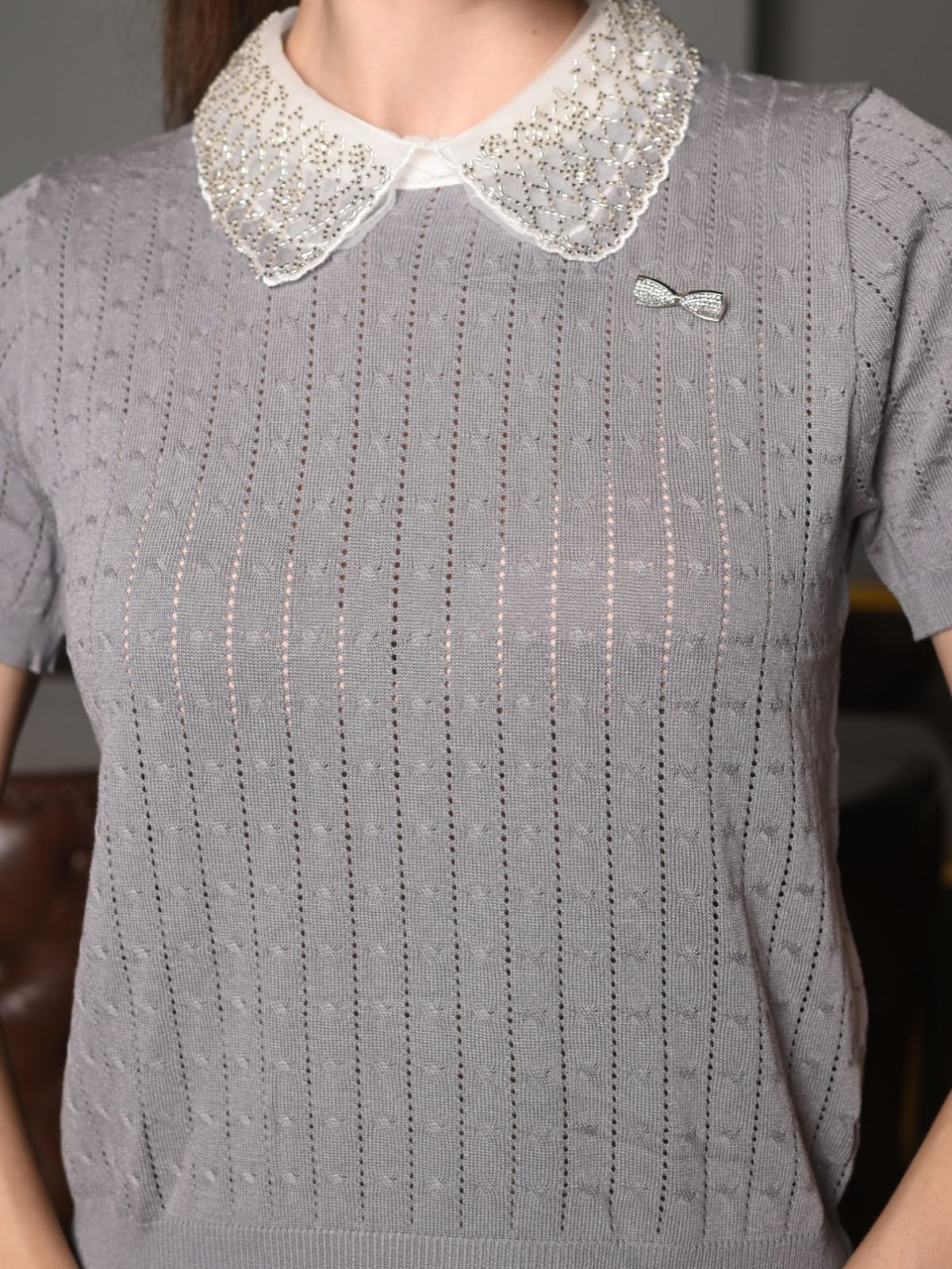 Odette Grey Designed Rib Embroidered Bib Collared Top For Women