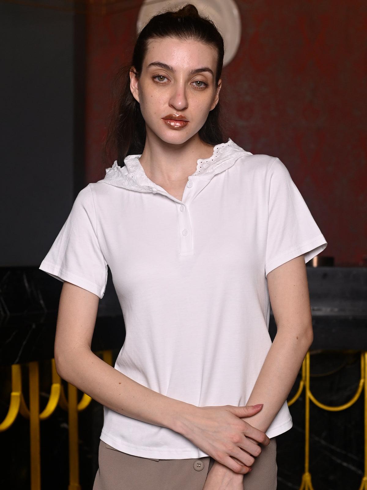 Odette White Cotton Blend Jersey Solid With Hakoba T-Shirt For Women
