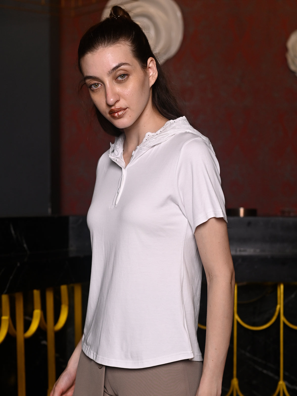 Odette White Cotton Blend Jersey Solid With Hakoba T-Shirt For Women