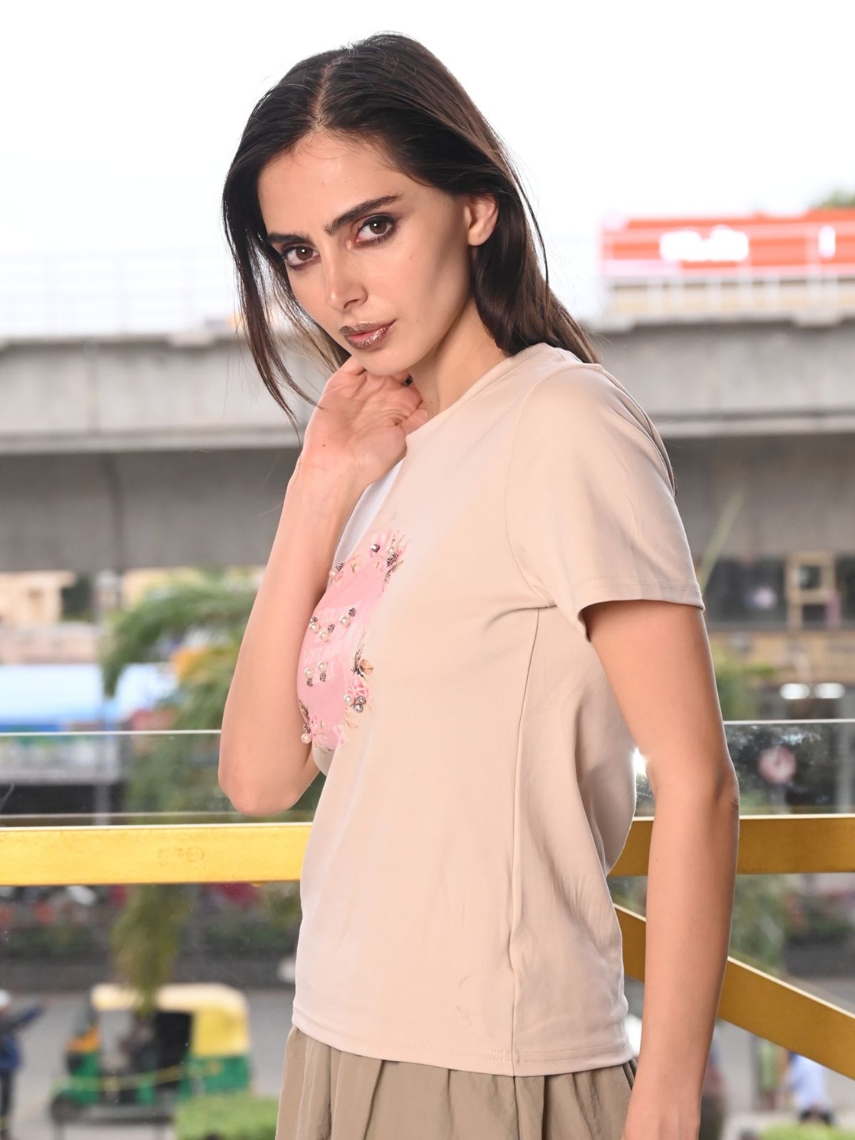Odette Beige Polyester Jersey Printed T-Shirt For Women