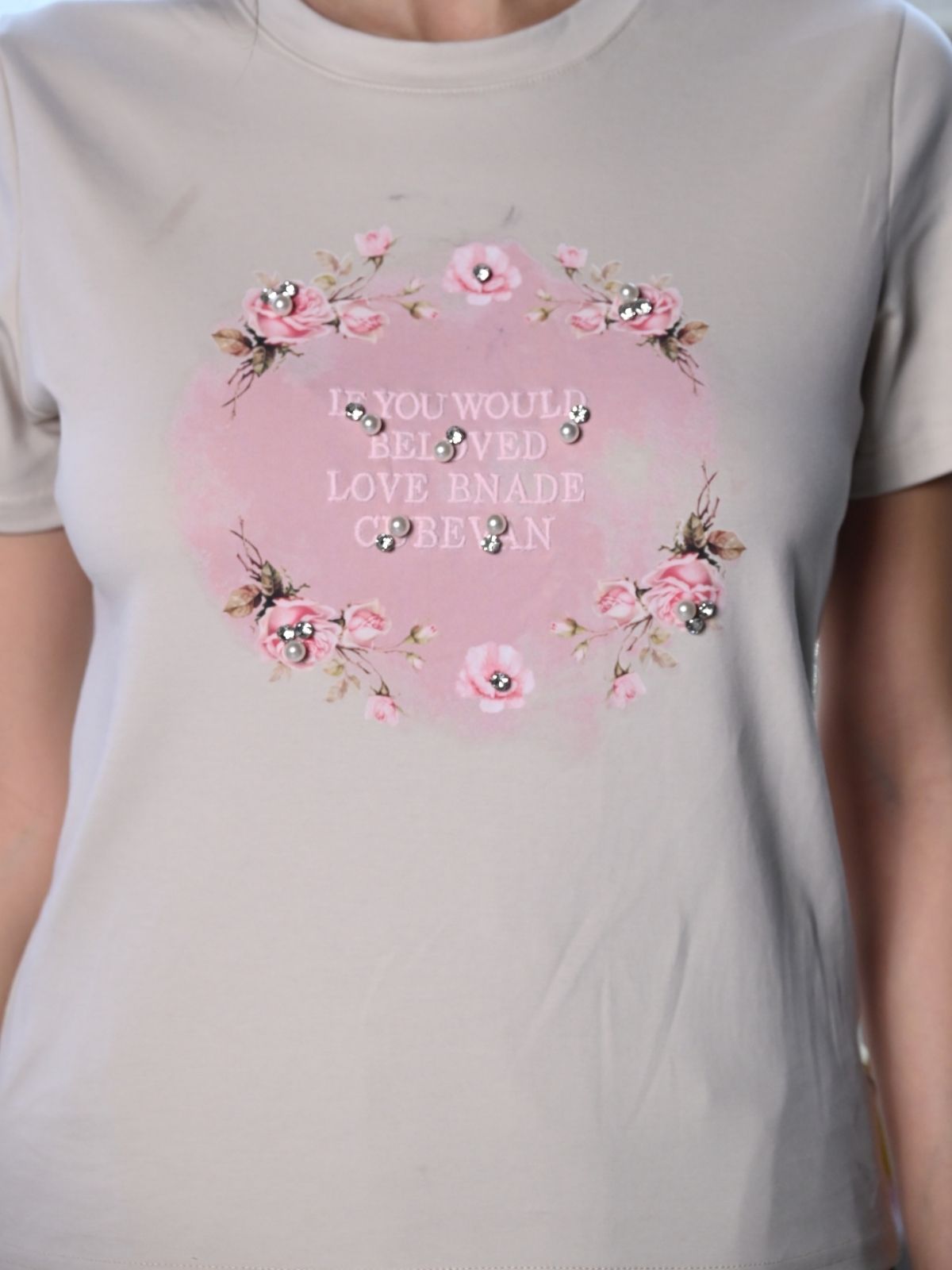 Odette Beige Polyester Jersey Printed T-Shirt For Women