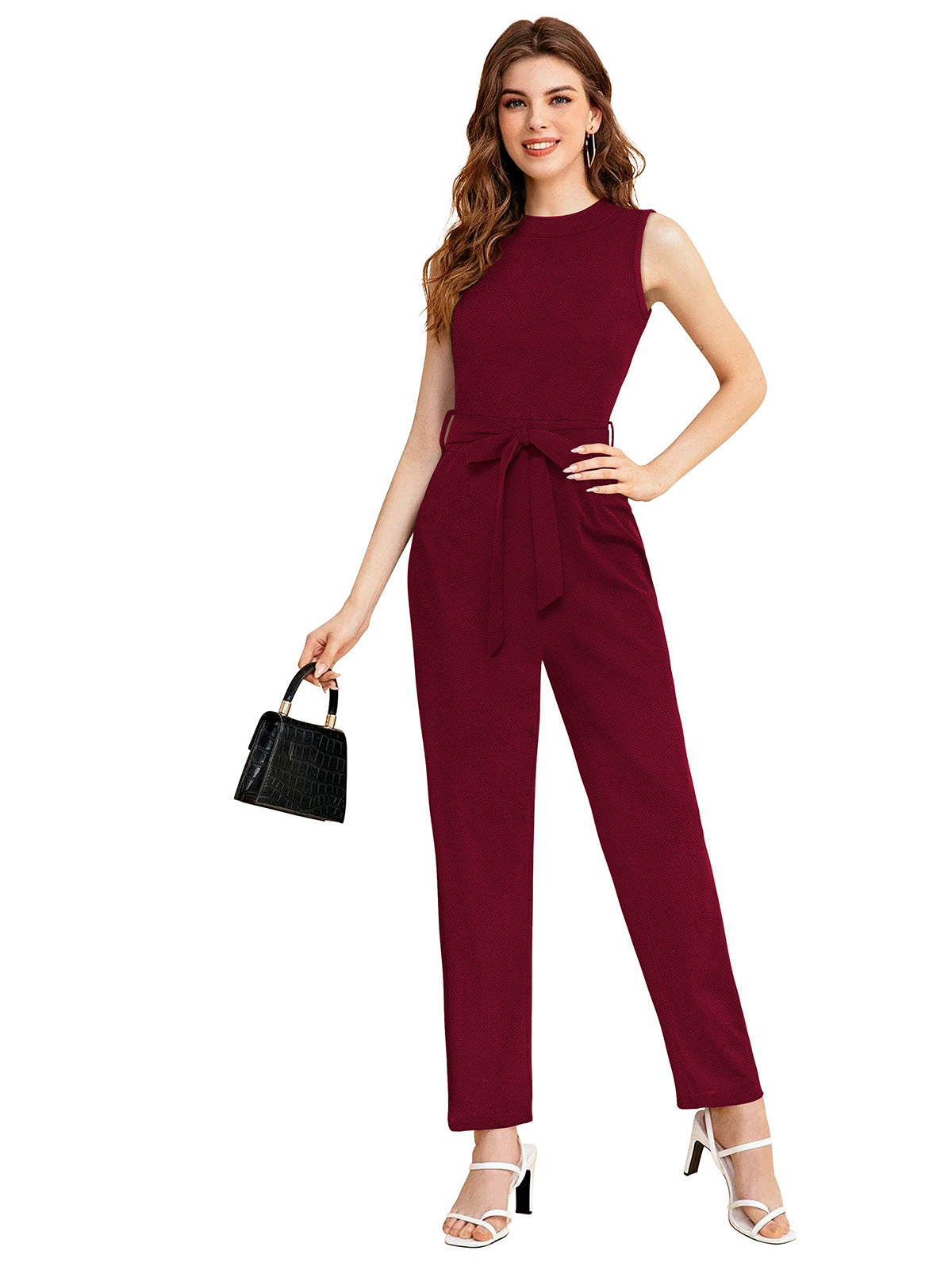 Odette Maroon Knit Fabric Jumpsuit For Women