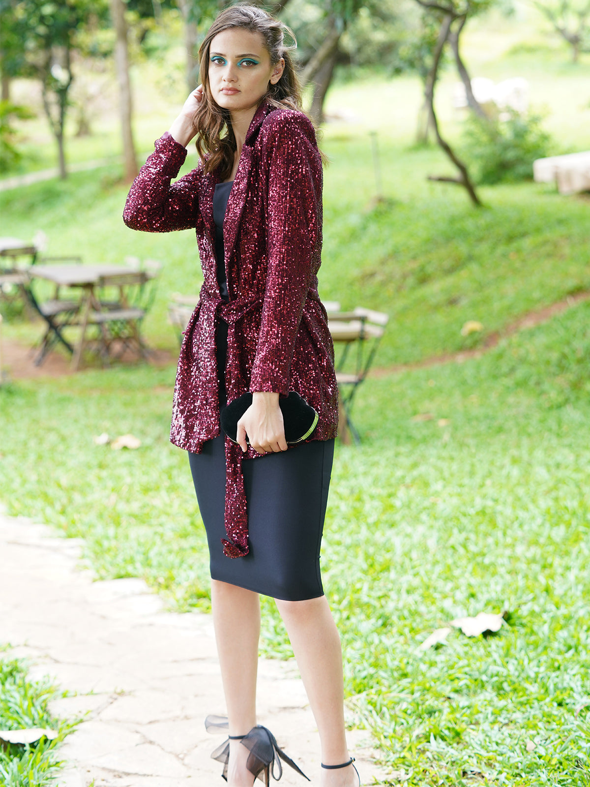 Odette Women Maroon Polyester With Sequins Stitched Blazer