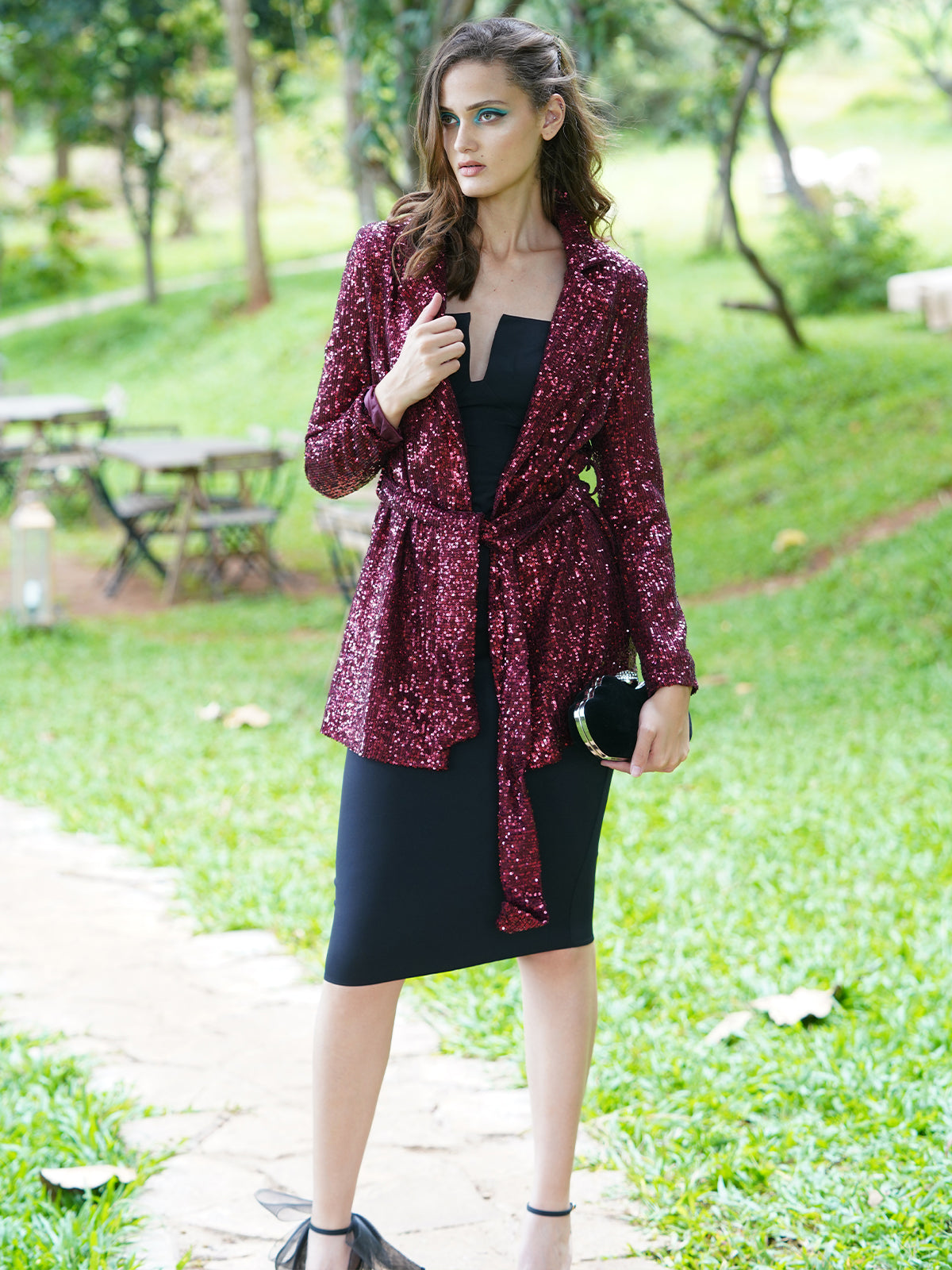 Odette Women Maroon Polyester With Sequins Stitched Blazer