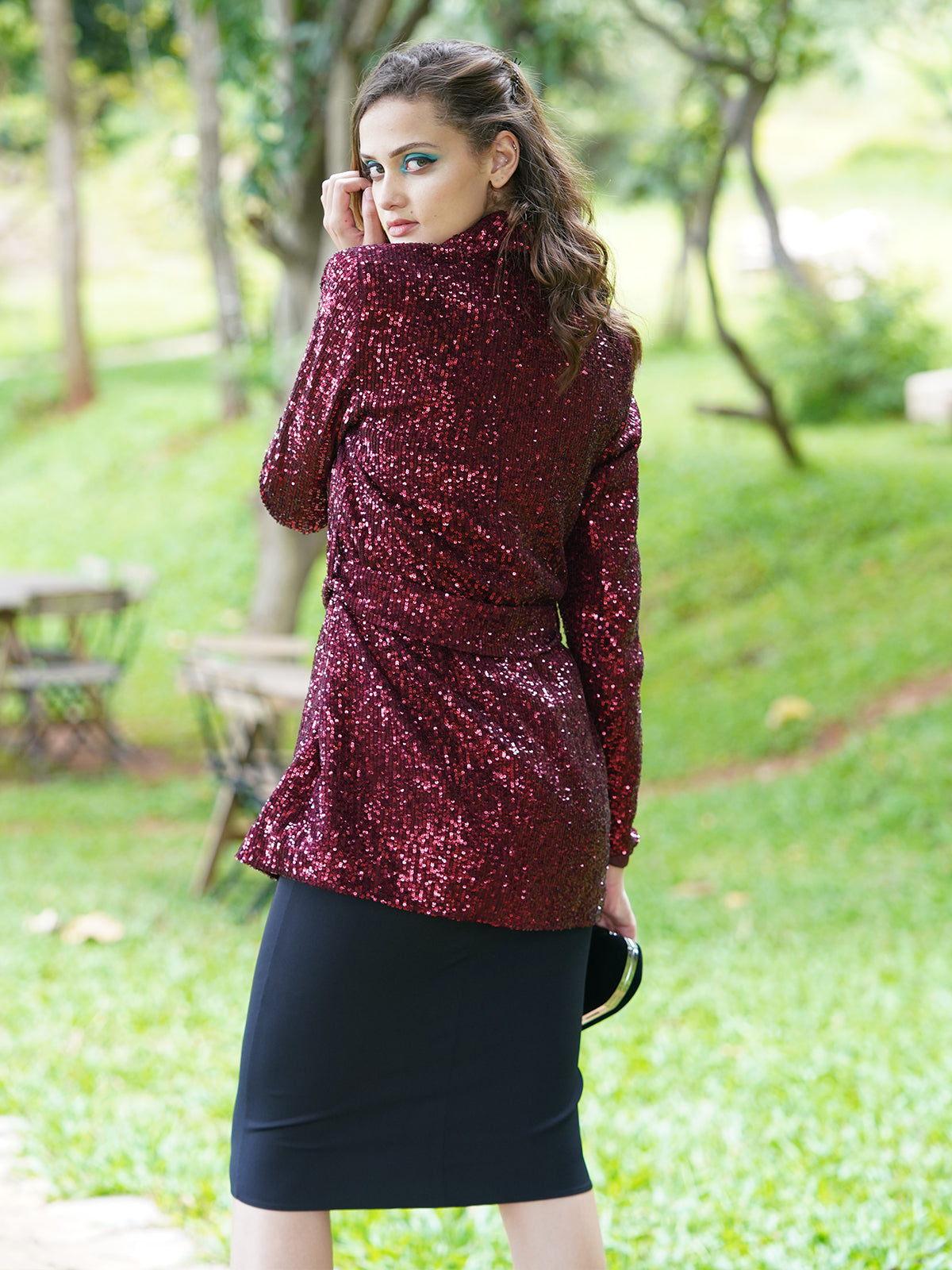 Odette Women Maroon Polyester With Sequins Stitched Blazer
