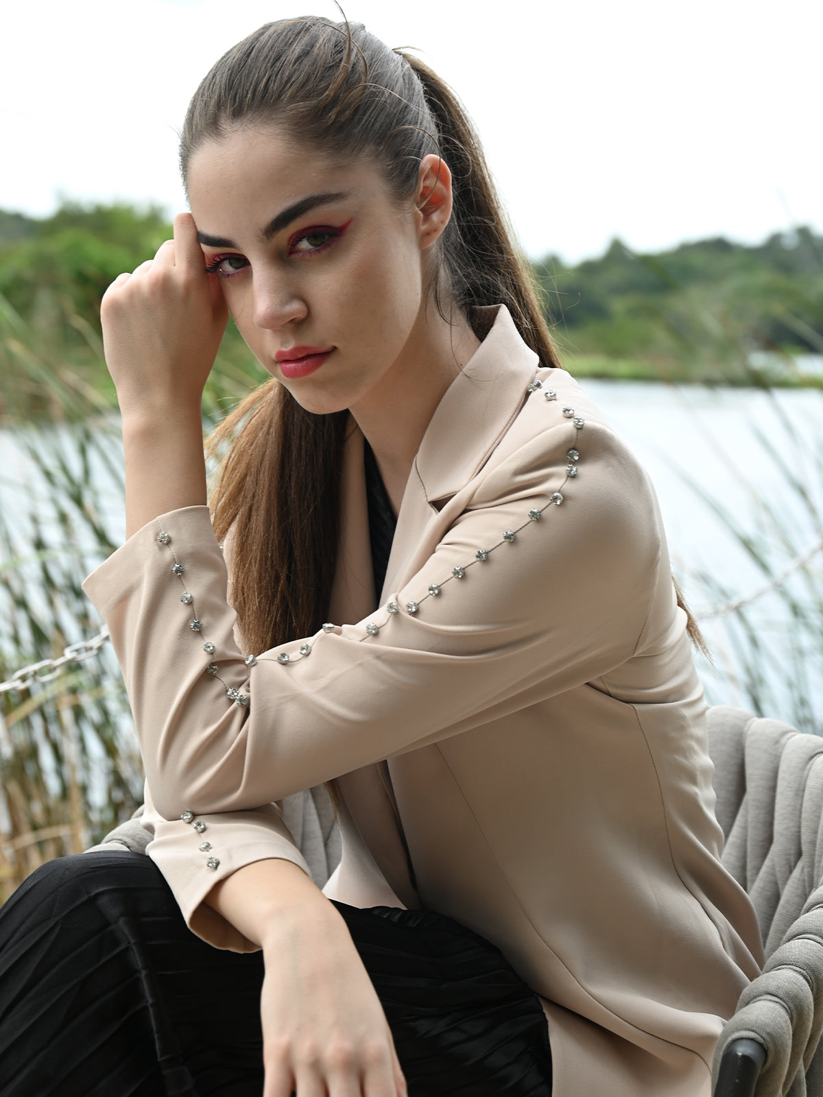 Odette Women Beige Embellished Polyester Semi Formal Stitched Blazer