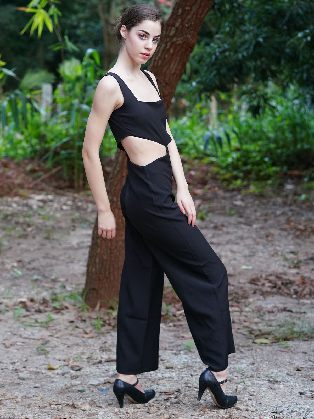 Odette Women Tery Cotton Cut Out Solid Stitched Jumpsuit