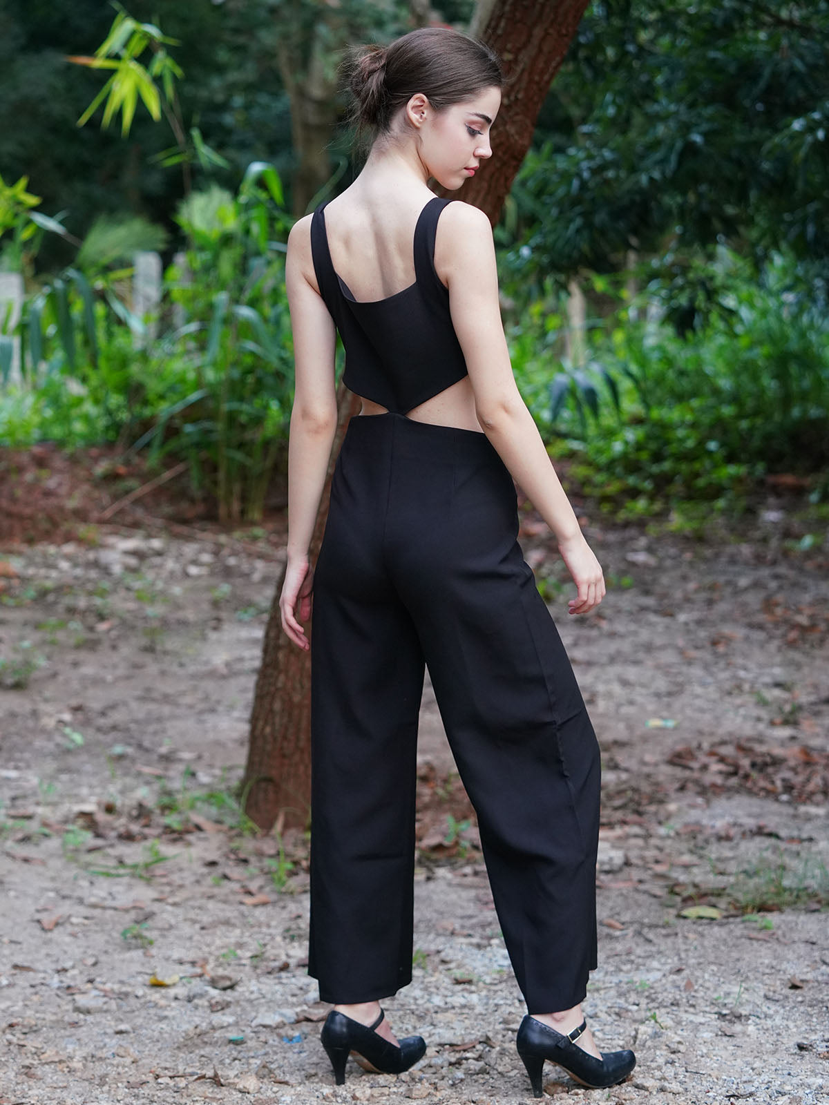 Odette Women Tery Cotton Cut Out Solid Stitched Jumpsuit