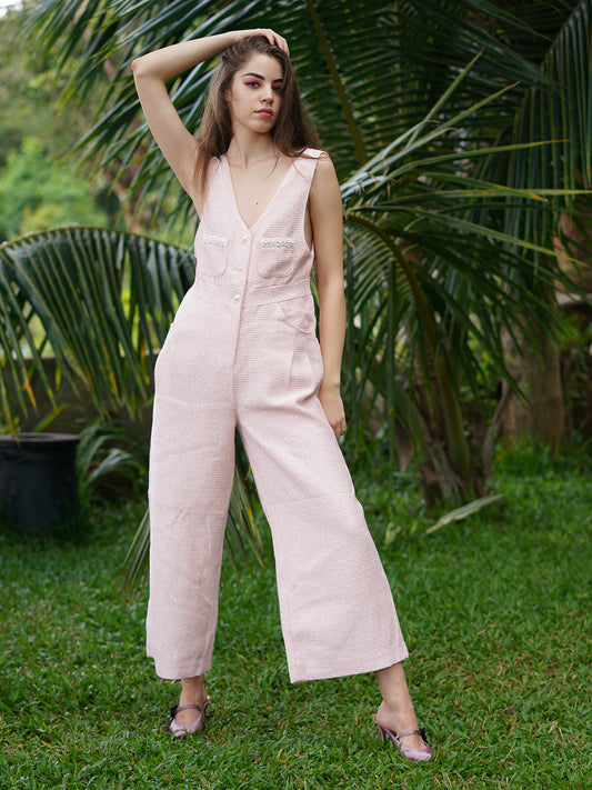 Odette Women Pink Textured Tweed With Shimmer Stitched Jumpsuit