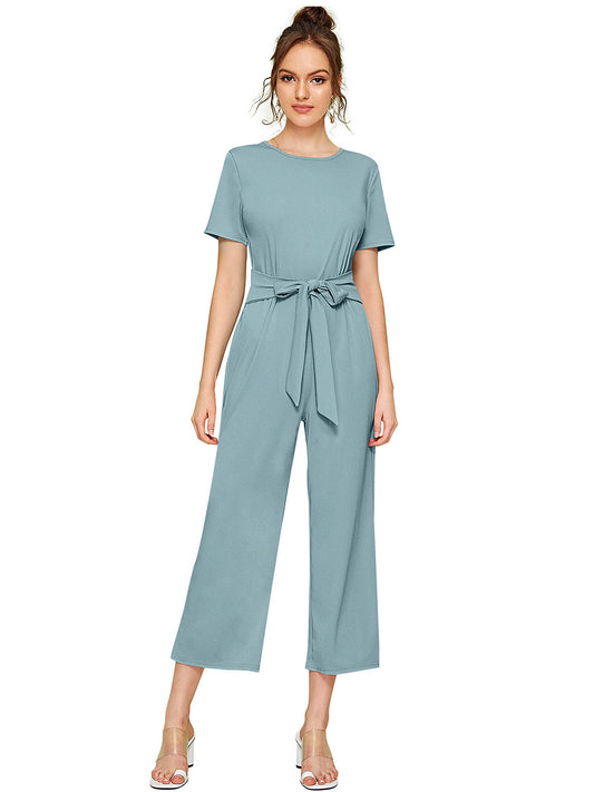 Odette Light Blue Knit Fabric Jumpsuit For Women