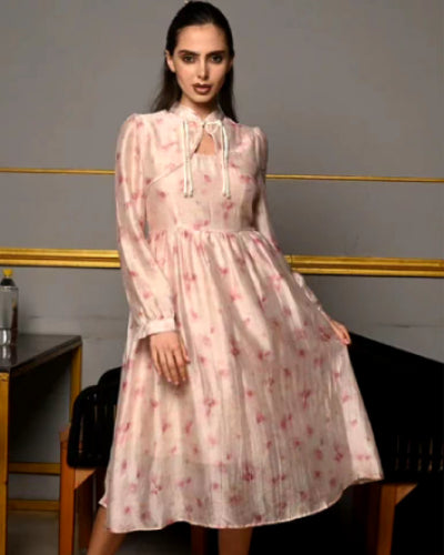 Pink Polyester Suede Embellished Western Dress For Women