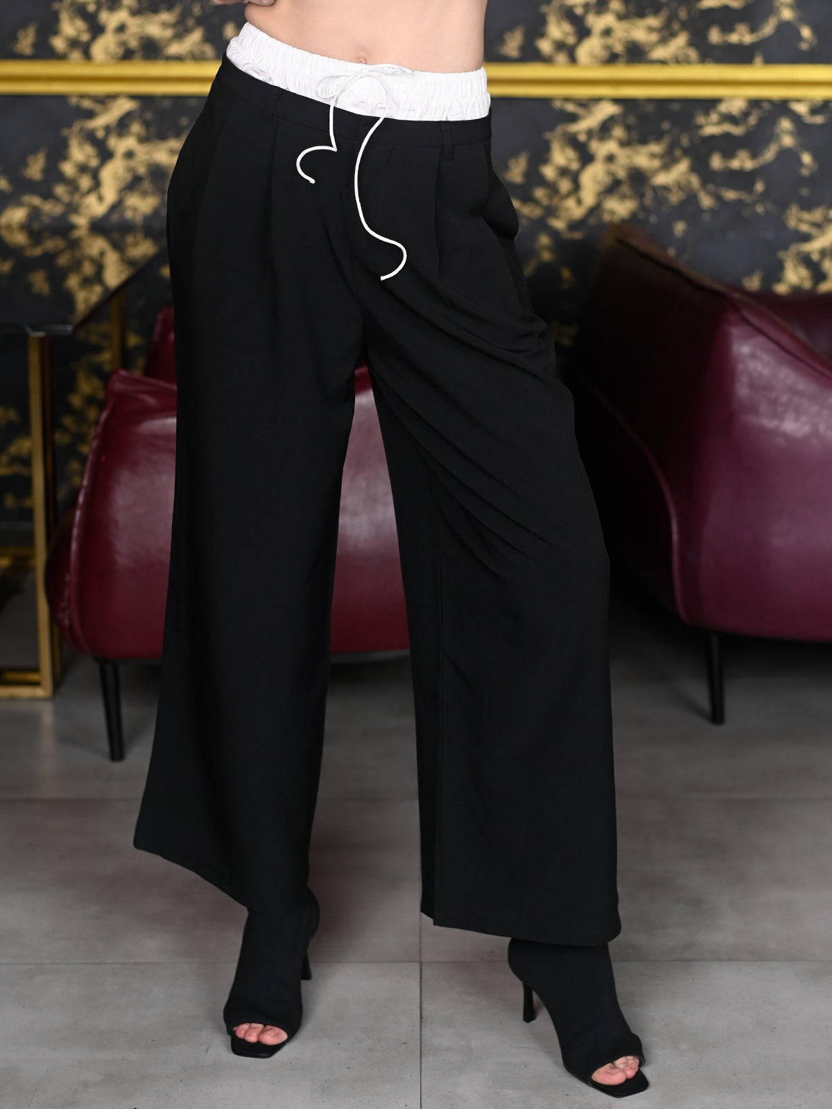 Odette Black And White Suede Fabric Solid Trousers for Women