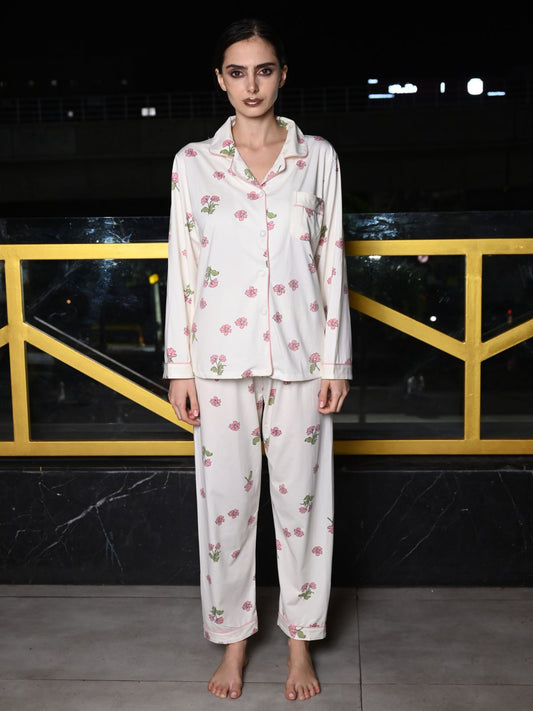 Odette Off White Cotton Jersey Night Suit Set For Women
