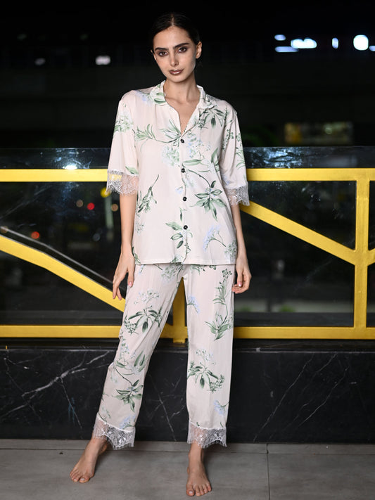 Odette Off White And Green Satin Lycra Printed Night Suit Set For Women