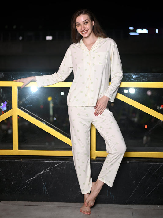 Odette White And Grey Cotton Jersey Printed Night Suit Set For Women