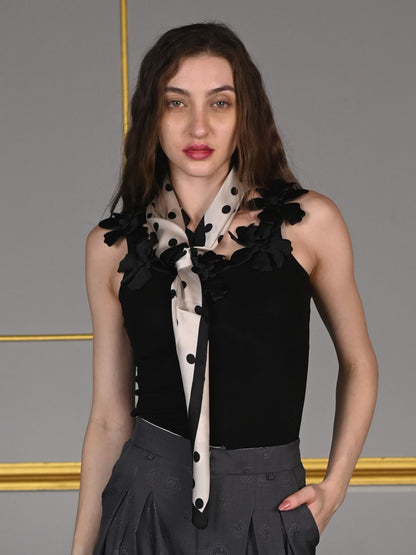 Odette Beige and Black Printed Satin Scarf For Women