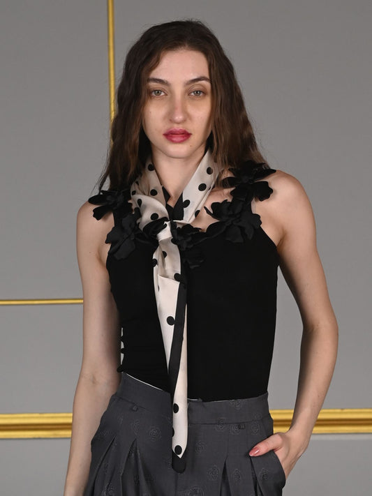 Odette Beige and Black Printed Satin Scarf For Women