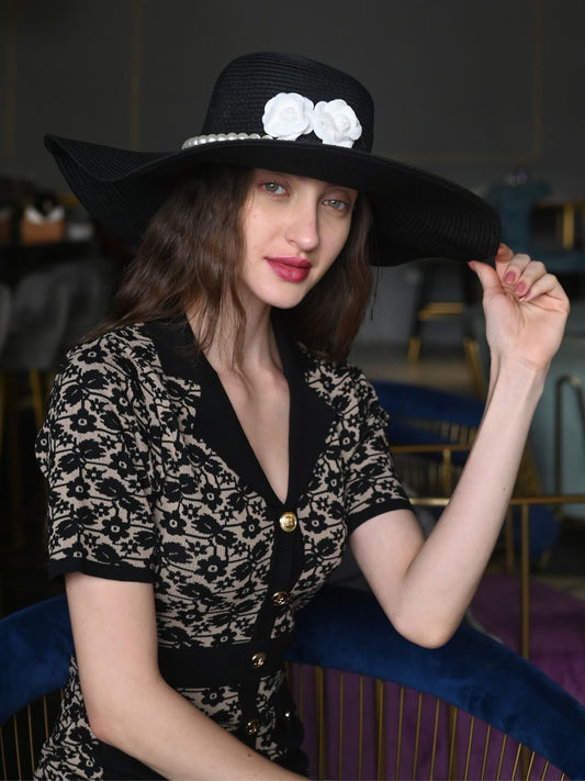 Odette Black Self Design Embellished Sun Hat For Women