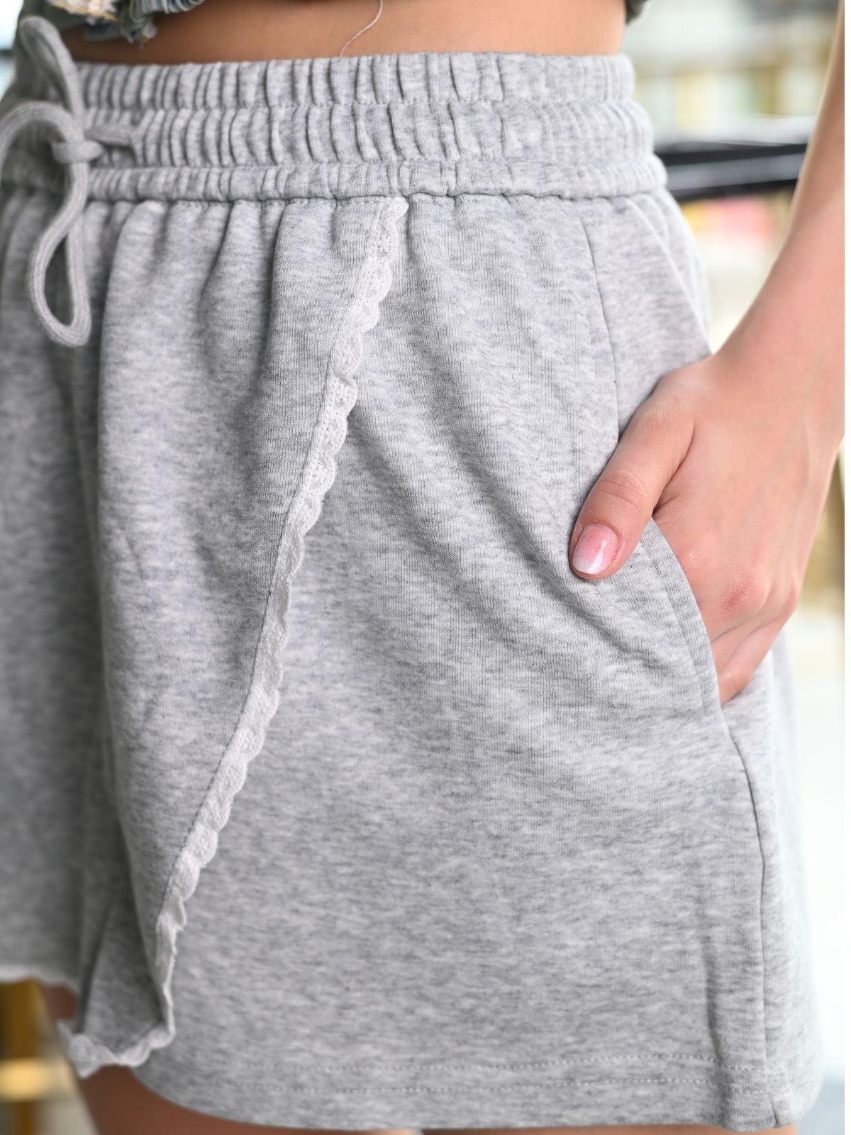 Odette Grey Melange Jersey Solid With Lace Wrap Shorts For Women