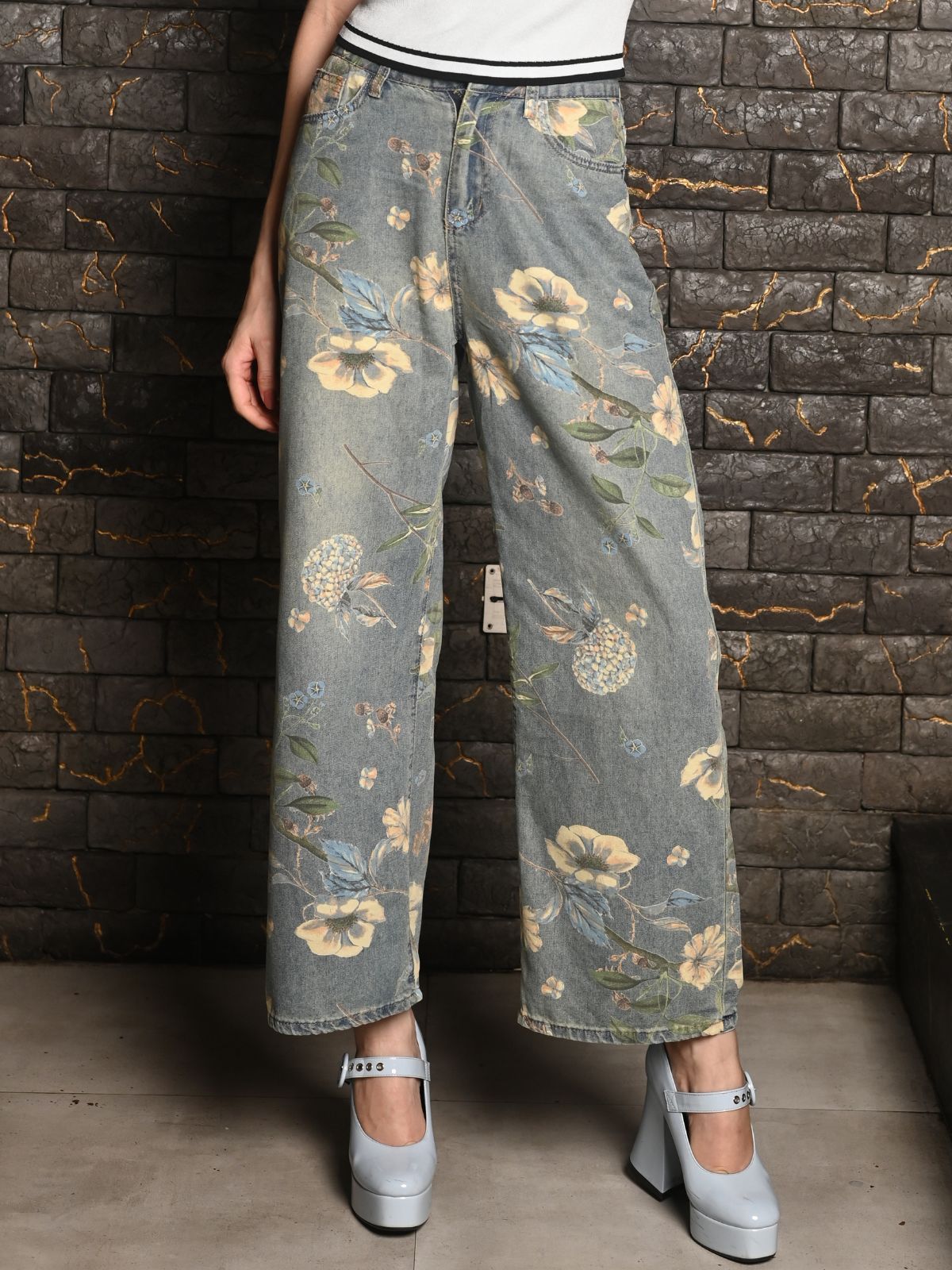Odette Blue Washed Denim Printed Pant for Women