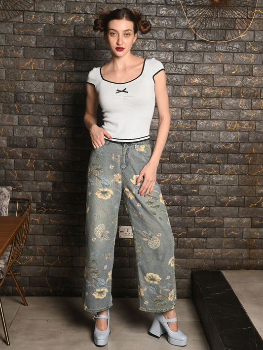 Odette Blue Washed Denim Printed Pant for Women