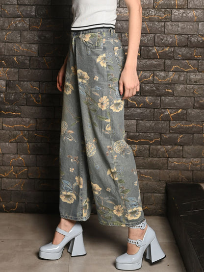 Odette Blue Washed Denim Printed Pant for Women