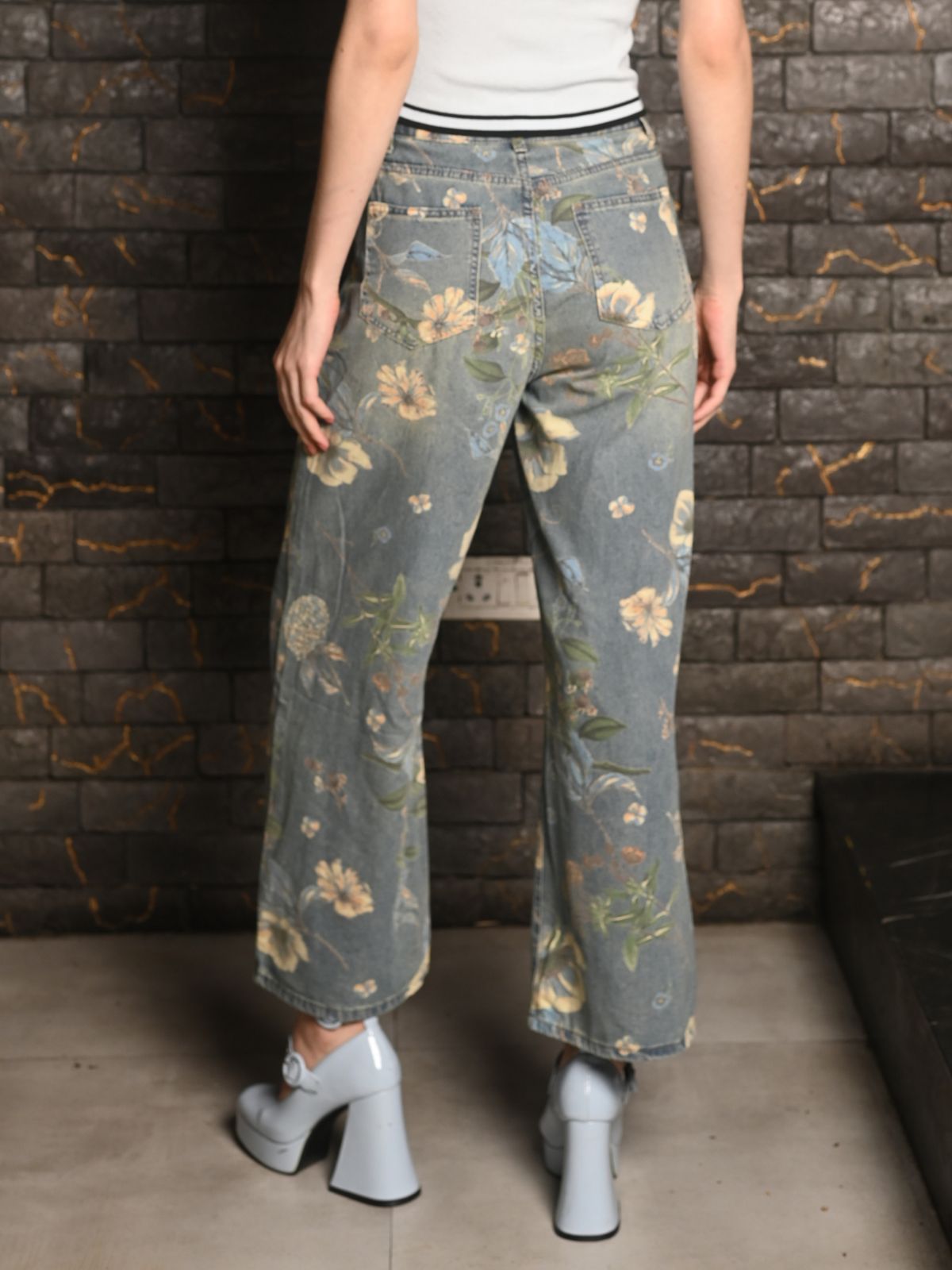 Odette Blue Washed Denim Printed Pant for Women