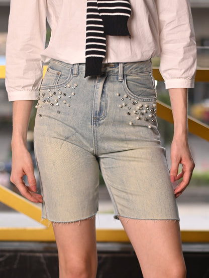 Odette Blue Denim Washed Embellished Shorts for Women