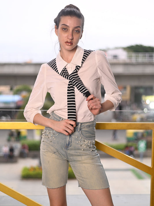 Odette Blue Denim Washed Embellished Shorts for Women