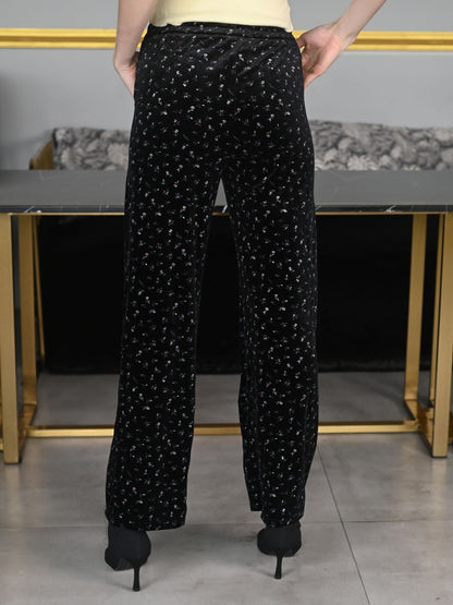 Odette Black Velvet Lycra Printed Trouser for Women