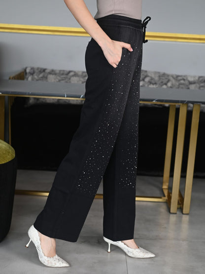 Odette Black Cotton Jersey Embellished Trouser for Women