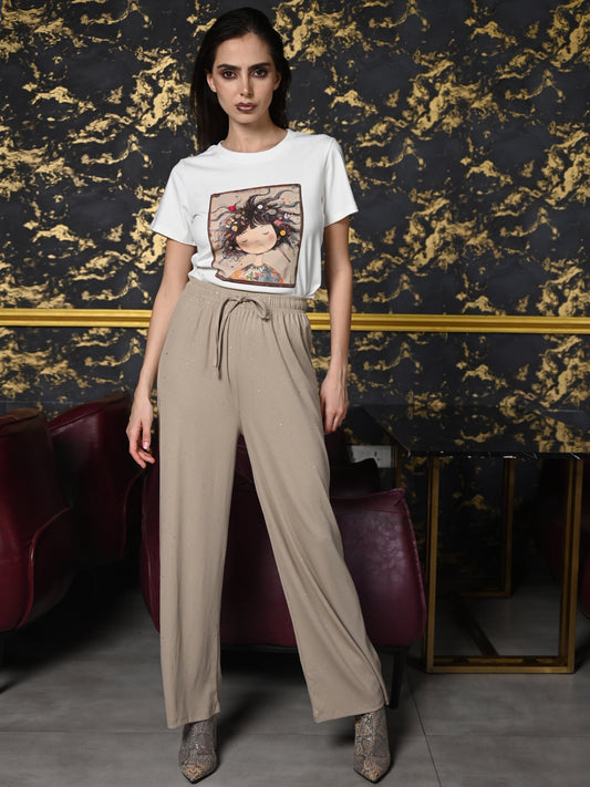 Odette Beige Knit Rib Trouser For Women
