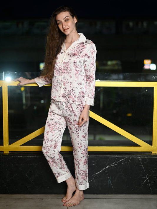 Odette Pink And Off White Satin Printed Night Suit Set For Women