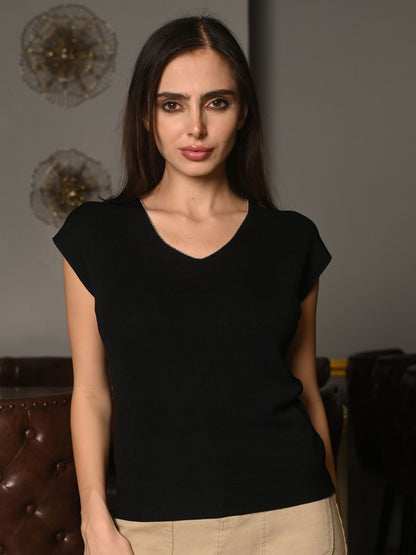 Odette Black Polyester Rib Lycra Embellished T-Shirt For Women