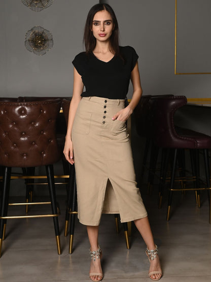 Odette Black Polyester Rib Lycra Embellished T-Shirt For Women