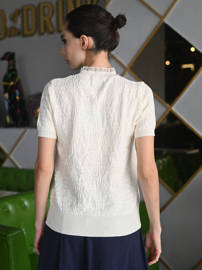 Odette Cream Jacquard Rib Top For Women