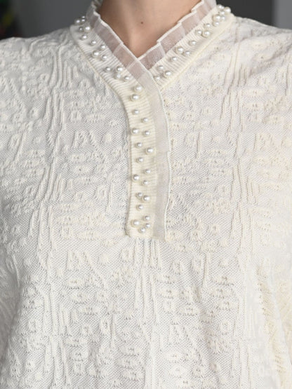 Odette Cream Jacquard Rib Top For Women