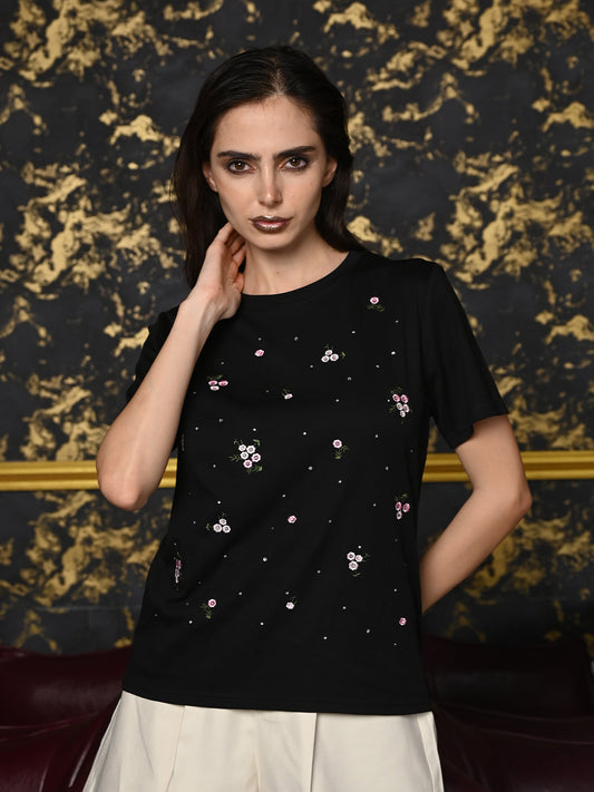 Odette Black Cotton Jersey Embroidered T-Shirt For Women