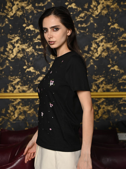 Odette Black Cotton Jersey Embroidered T-Shirt For Women