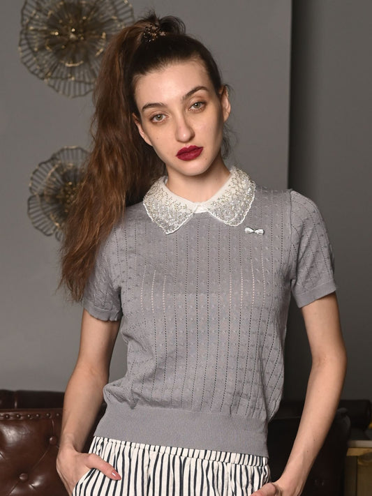 Odette Grey Designed Rib Embroidered Bib Collared Top For Women