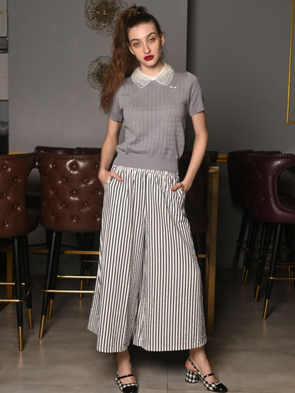 Odette Grey Designed Rib Embroidered Bib Collared Top For Women