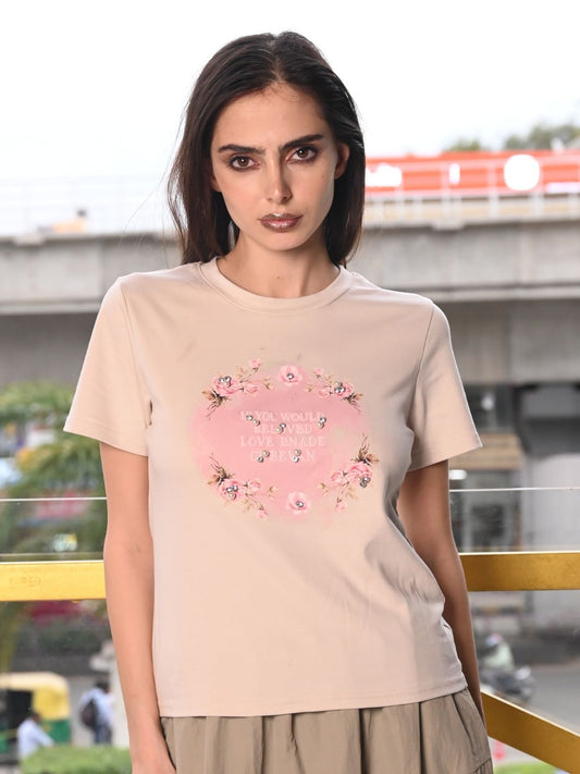Odette Beige Polyester Jersey Printed T-Shirt For Women