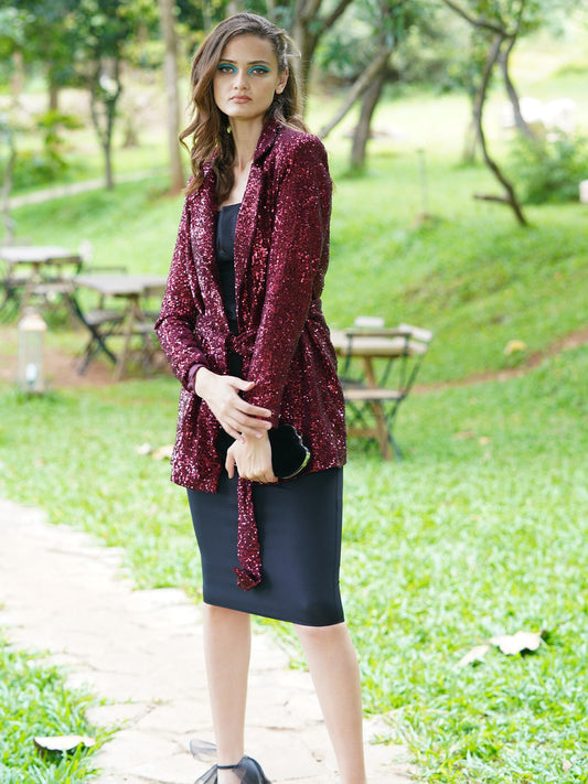 Odette Women Maroon Polyester With Sequins Stitched Blazer