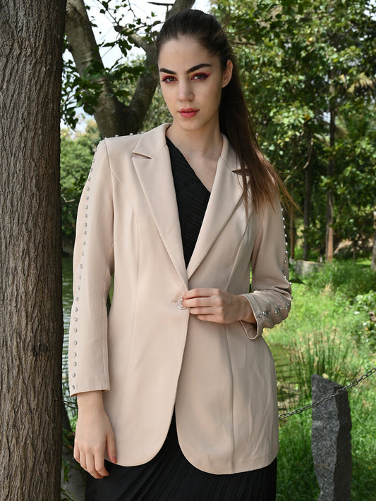 Odette Women Beige Embellished Polyester Semi Formal Stitched Blazer